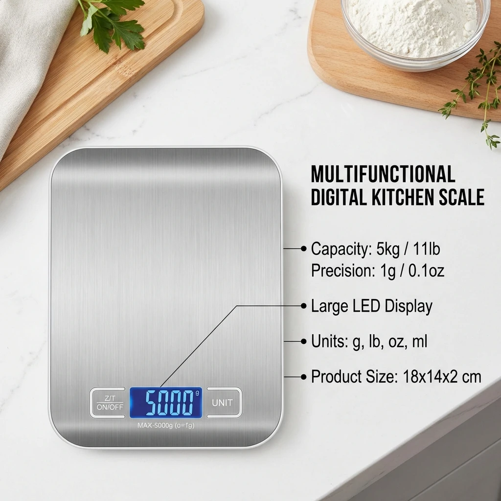 Digital Kitchen Scale with LED Display 5kg/1g Stainless Steel Electronic Weighing for Food Jewelry Snacks Baking Home Tools - Image 4
