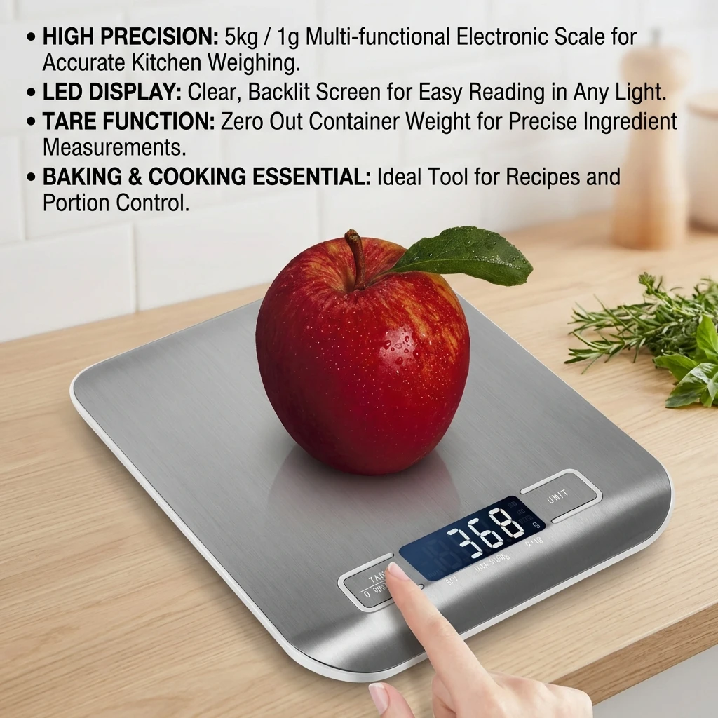 Digital Kitchen Scale with LED Display 5kg/1g Stainless Steel Electronic Weighing for Food Jewelry Snacks Baking Home Tools - Image 3